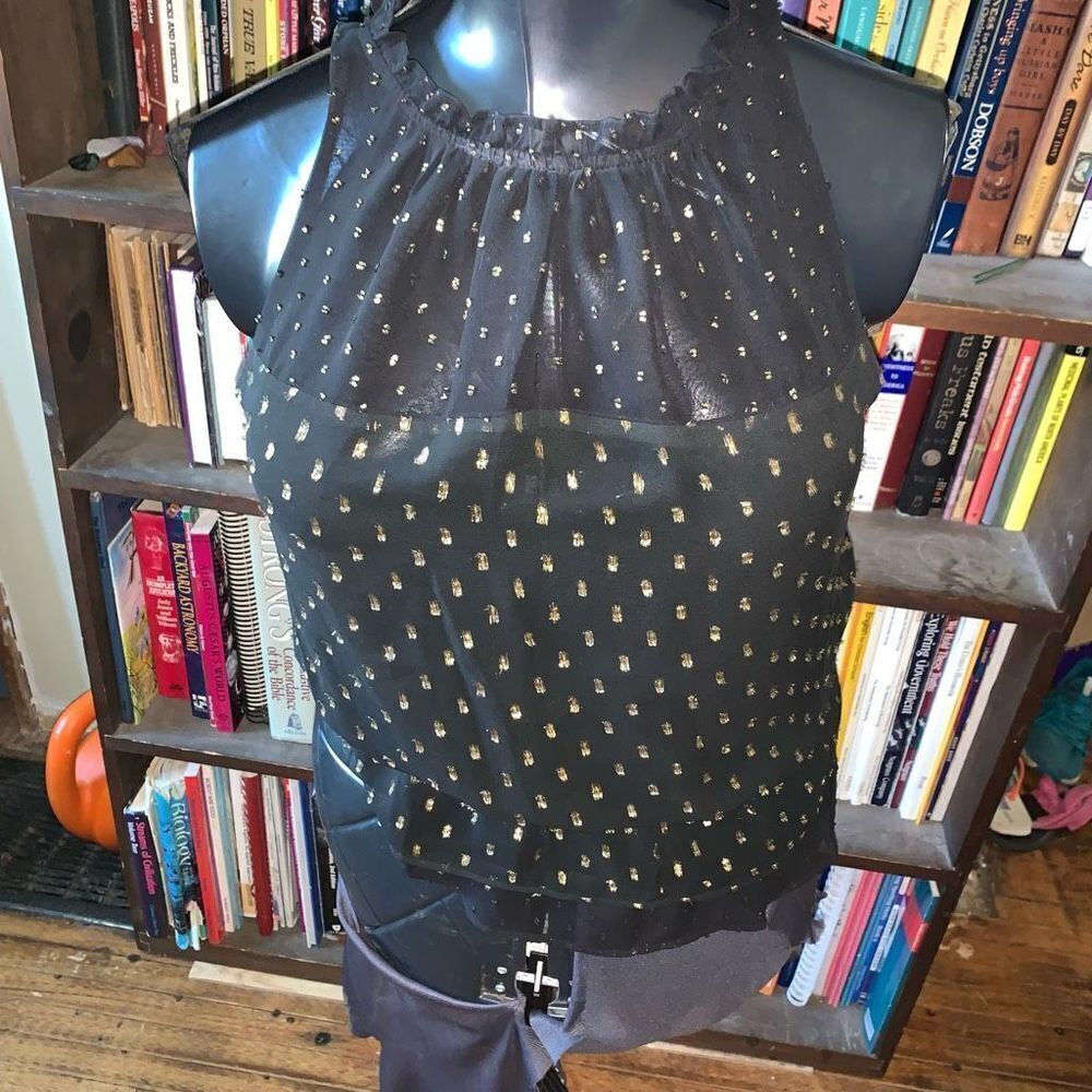 White House Black Market semi sheer black & gold ruffled XS top
